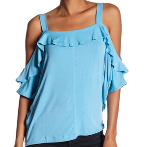 Harlowe & Graham Blue Cold Shoulder Ruffle Neck
